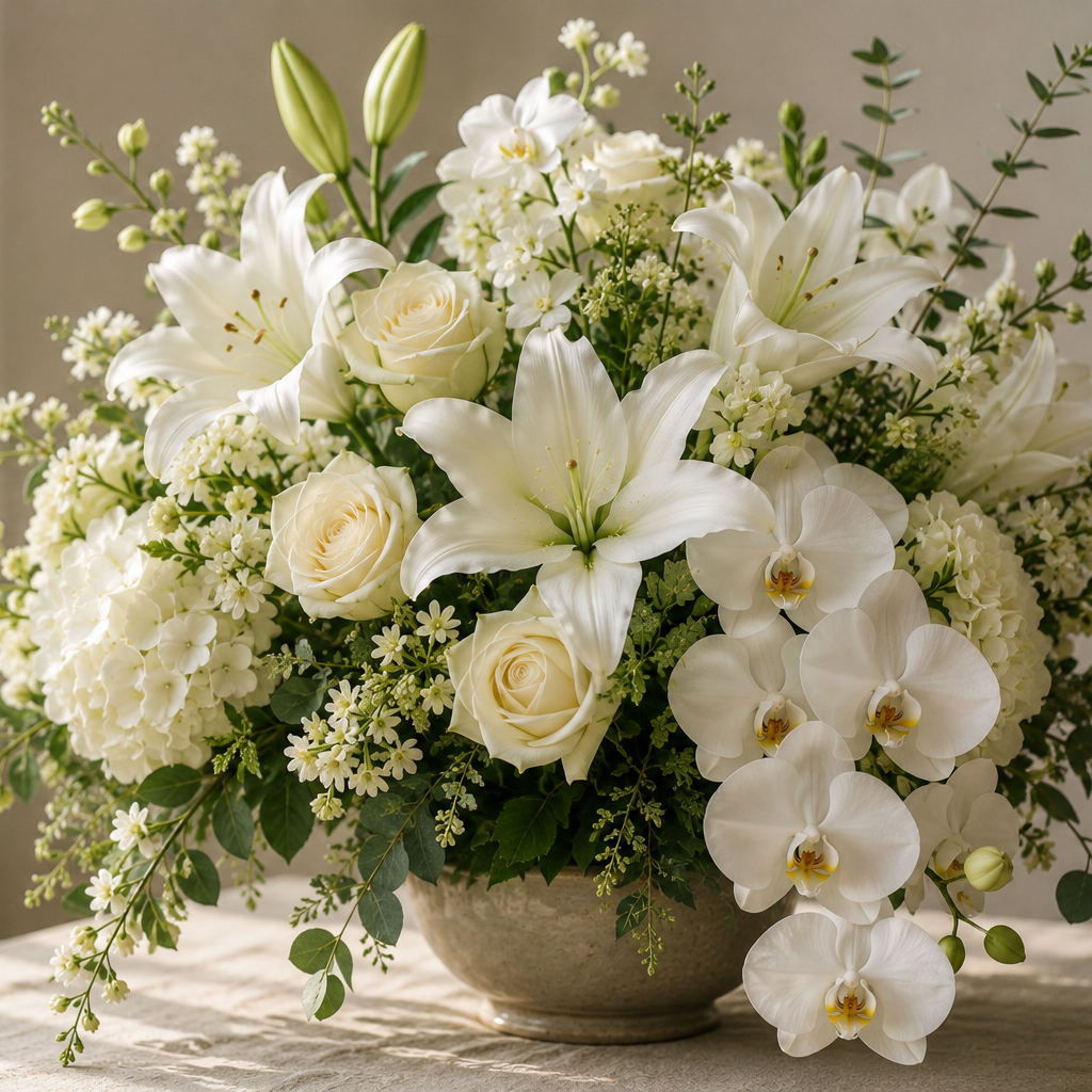 White lilies and orchids arrangement